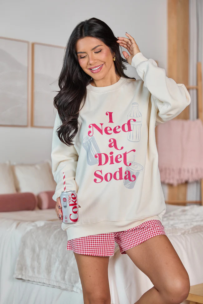 I Need A Diet Soda Cream Graphic Sweatshirt | Pink Lily