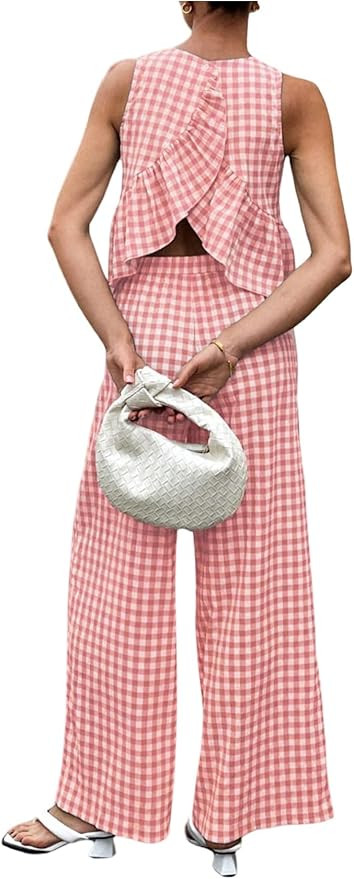 SOLY HUX Women's 2 Piece Outfits Plaid Gingham Open Back Ruffle Tops and Pants Summer Vacation Go... | Amazon (US)