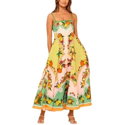 OZSZN Women Boho Cute Print Maxi Dress Summer Graffiti Cami Long Dress Straghetti Strap Flowy Slip Dress Beach Dress (Yellow,Medium) | Amazon (US)