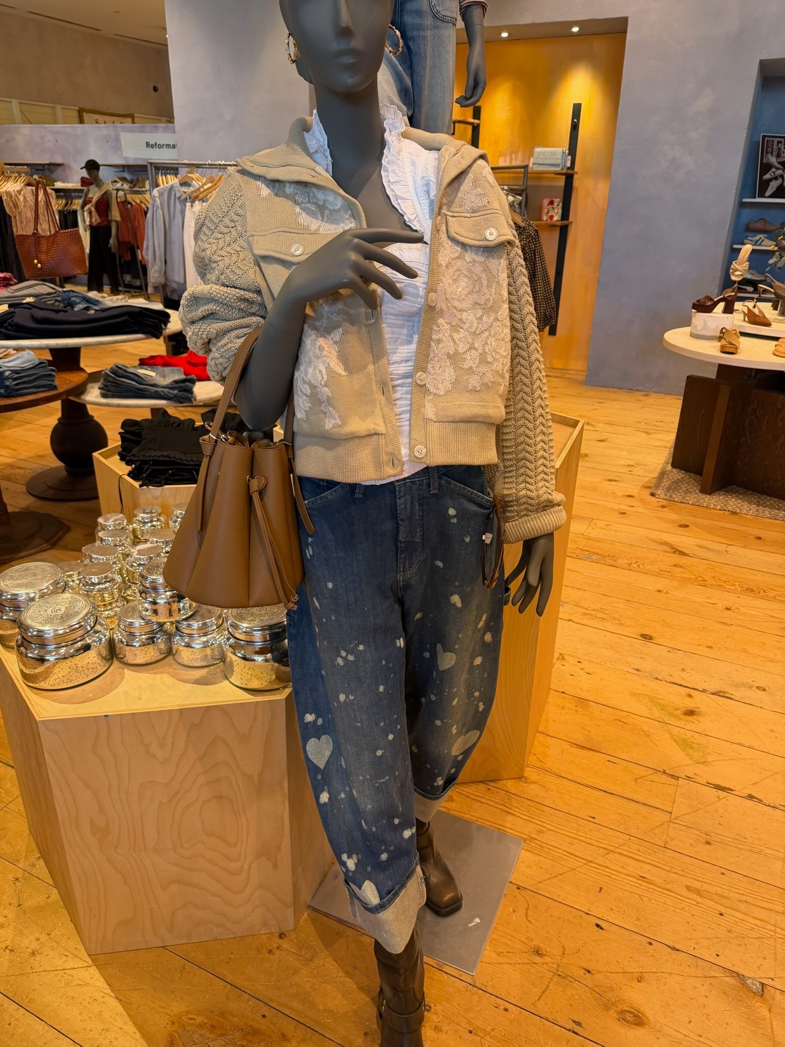 Anthropologie outfit idea with sweater jacket, heart jeans, bucket bag, annabrstyle

#LTKOver40