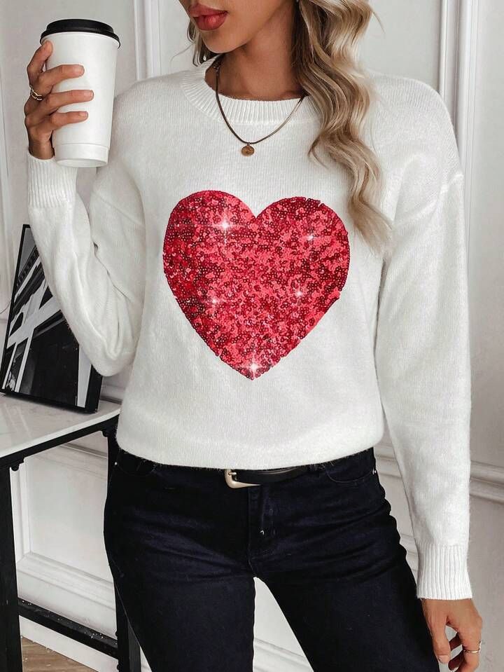 SHEIN Frenchy Glitter Heart Pattern Drop Shoulder Sweater Pullover | SHEIN