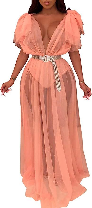 Ophestin Women Sleeveless Strap Tunic Bodysuits with Mesh Sheer Flowy Ruffle Long Maxi Dress | Amazon (US)