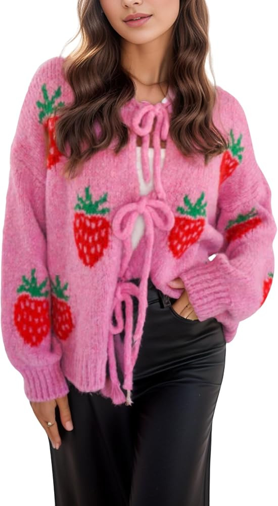 FindThy Women’s Tie Front Cardigan Sweater Cute Long Sleeve Crew Neck Bow Knot Knit Outwear | Amazon (US)