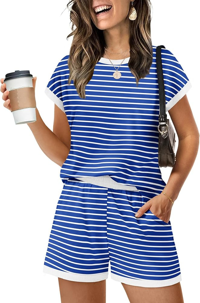 WIHOLL Two Piece Sets for Women Summer Lounge Short Sets Cap Sleeve Crew Neck Sweatsuit with Pock... | Amazon (US)