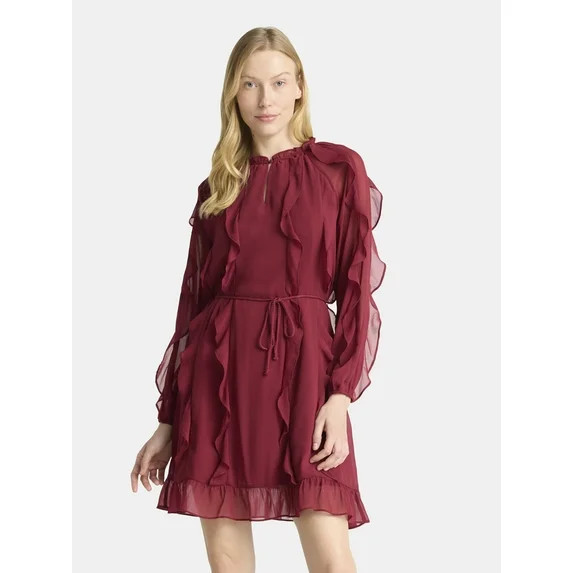 Time and Tru Women's and Women's Plus Belted Ruffle Mini Dress, Sizes XS-4X | Walmart (US)