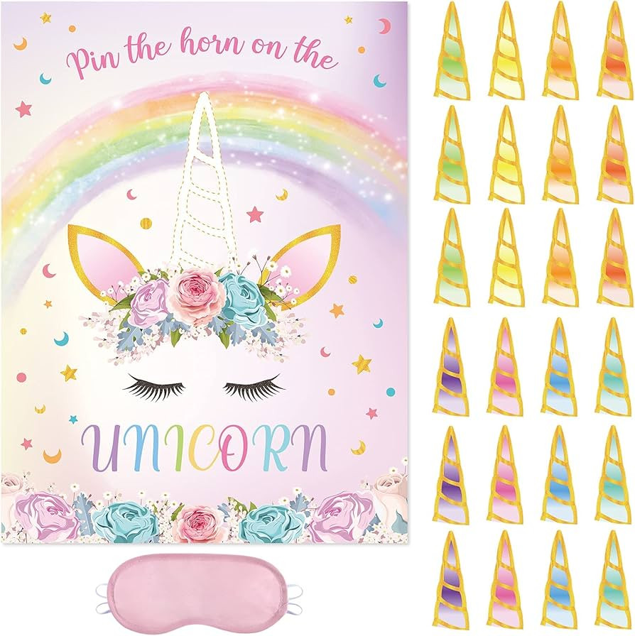 WERNNSAI Pin The Horn on The Unicorn Game - 20'' x 29'' Unicorn Party Game for Girls with 24 PCS ... | Amazon (US)