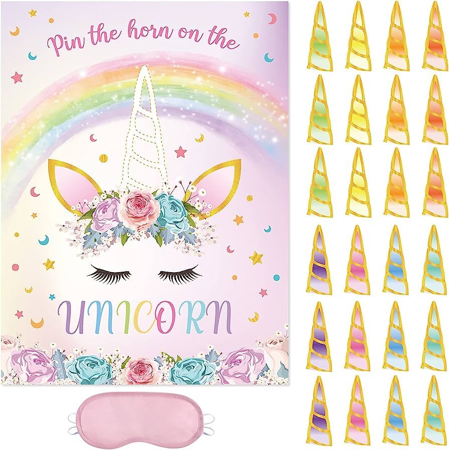 WERNNSAI Pin The Horn on The Unicorn Game - 20'' x 29'' Unicorn Party Game for Girls with 24 PCS ... | Amazon (US)
