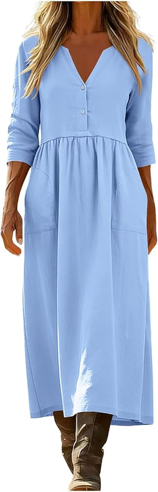 HGps8w 3/4 Sleeve Linen Dresses for Women Summer Loose Button Up V Neck A-Line Casual Swing Beach... | Amazon (US)