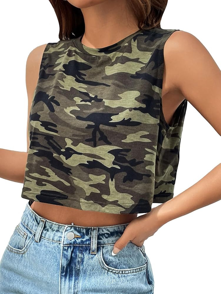 WDIRARA Women's Y2k Camo Print Crop Tank Top Sleeveless Crewneck Streetwear Top | Amazon (US)