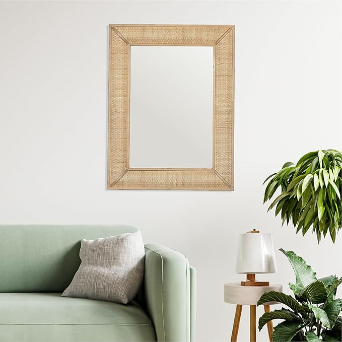Creative Co-Op Rectangle Wood Framed Wall Mirror with Rattan Detail, Brown | Amazon (US)