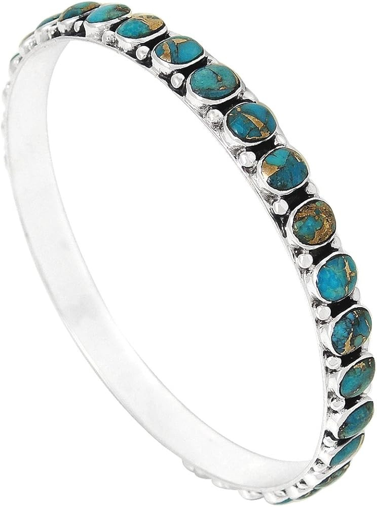 Stackable 925 Sterling Silver Bangle Bracelet Genuine Turquoise & Gemstones | Amazon (US)