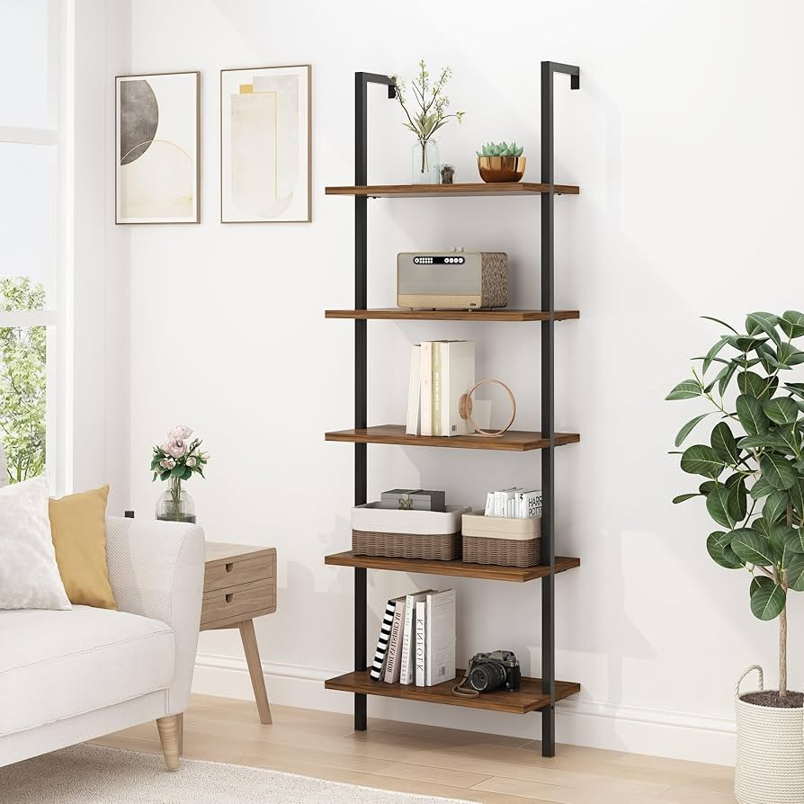 Karl home Ladder Shelf 5 Tier Wall Mounted Bookcase with Metal Frame,Open Design Shelves for Livi... | Amazon (US)