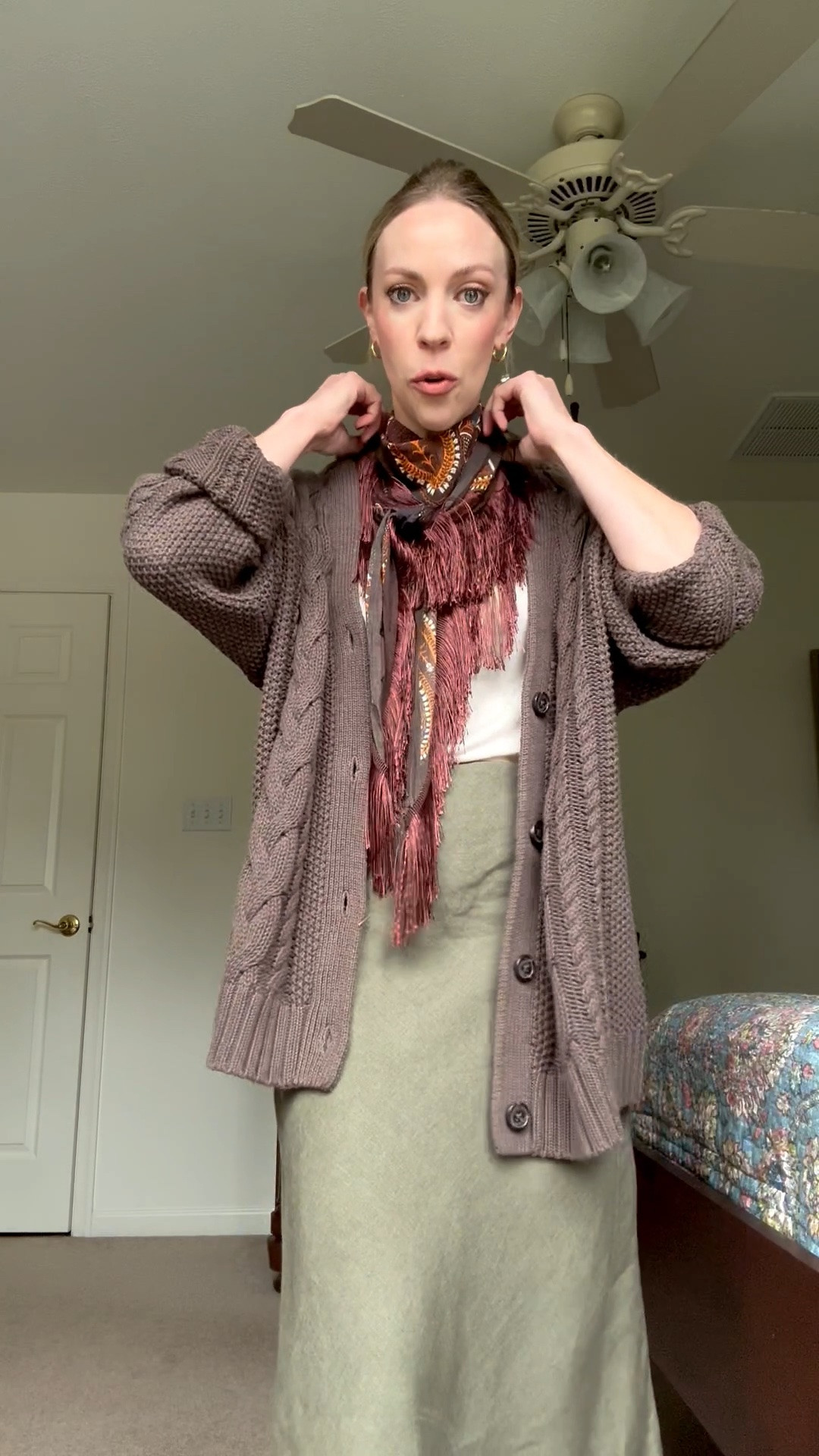Teacher outfit, workwear look, @Quince cable knit cardigan, @Zara paisley fringe scarf, maxi skirt with cowboy boots

#LTKootd #LTKWorkwear #LTKOver40
