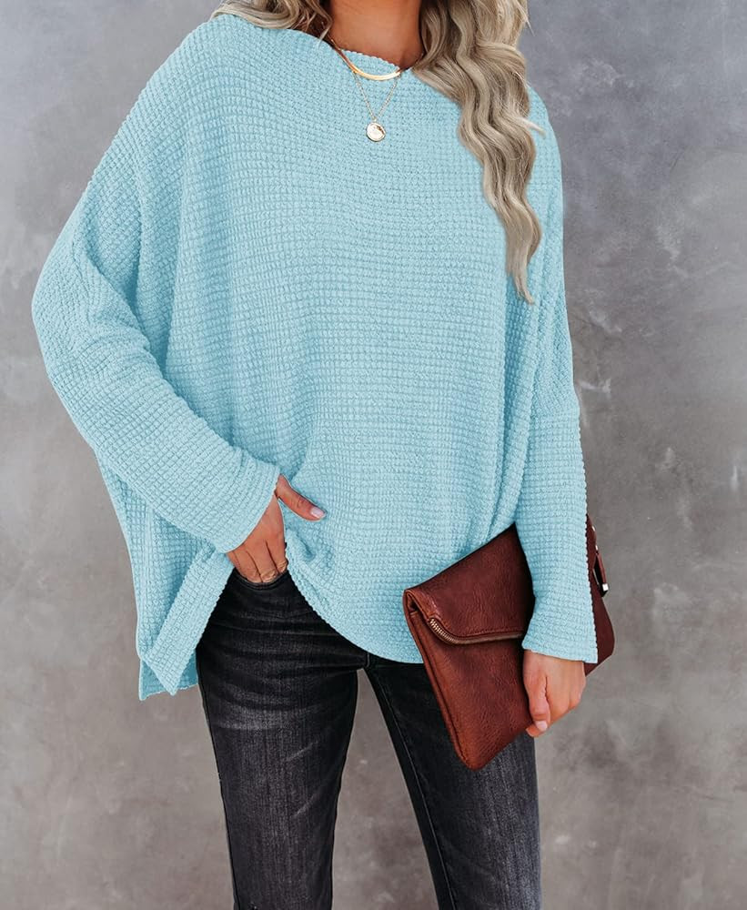ZESICA Women's Casual Off Shoulder Batwing Long Sleeve Waffle Knit Oversized Pullover Sweater Jumper | Amazon (US)