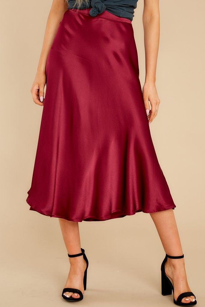 Silky Seduction Wine Satin Midi Skirt | Red Dress 