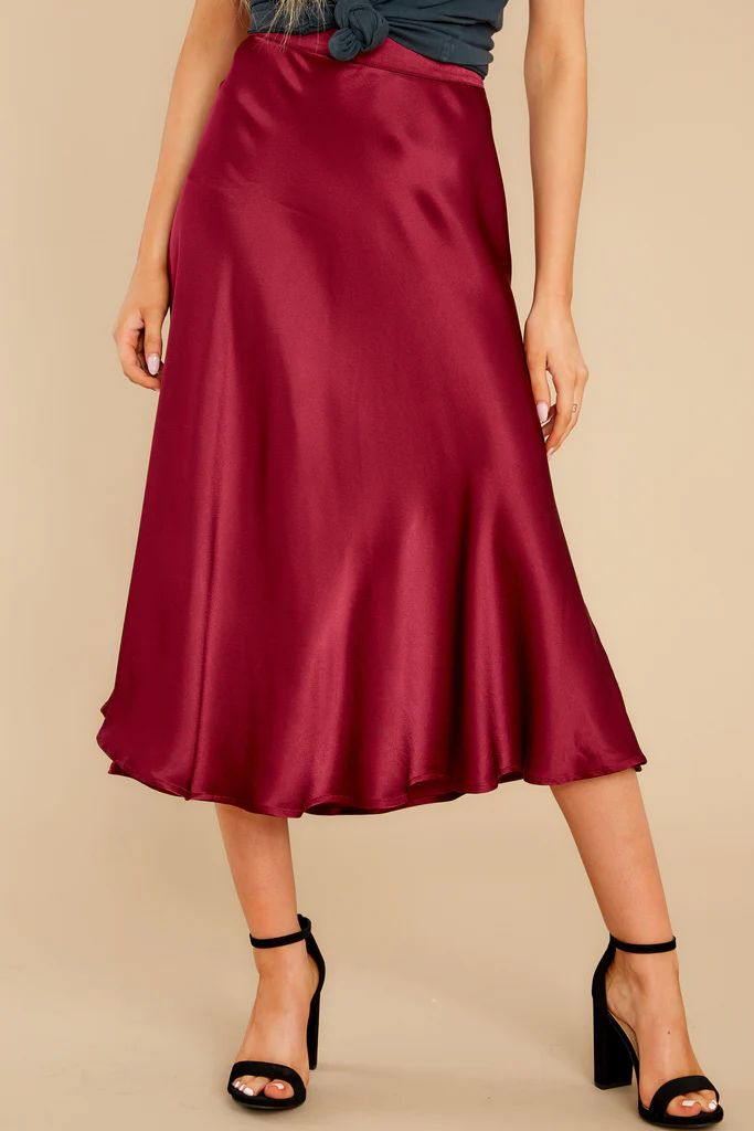 Silky Seduction Wine Satin Midi Skirt | Red Dress 