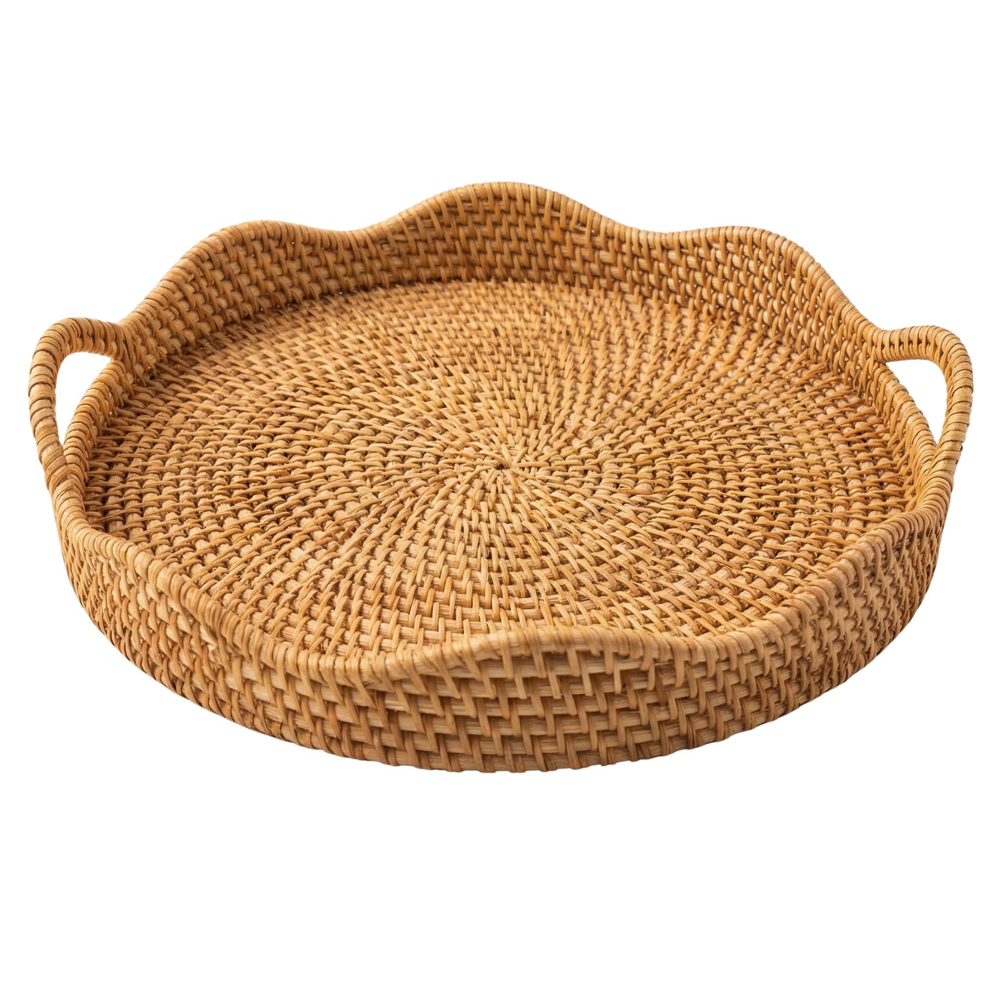 14" Round Scalloped Rattan Tray | Handwoven Decorative Tray with Handles for Coffee Table, Ottoma... | Amazon (US)