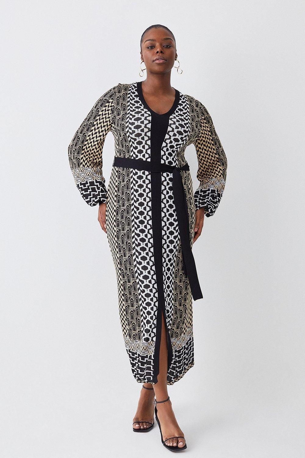 Plus Size Slinky Jacquard Blouson Sleeve Knitted Maxi Dress | Karen Millen US