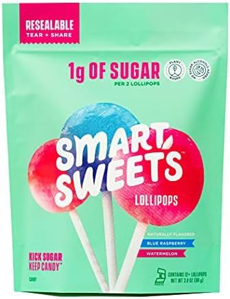 SmartSweets Lollipops, Blue Raspberry & Watermelon, Low Sugar Candy, Plant-Based, Low Calorie Snack, | Amazon (US)