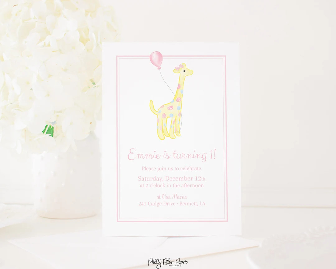 Watercolor Giraffe Invitation | Pretty Giraffe With Balloon Invitation | First Birthday Party The... | Etsy (US)