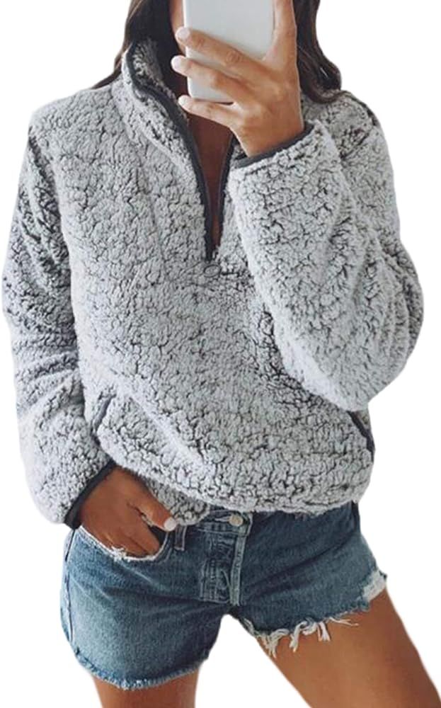 Fleece 1/4 Zip Up Fuzzy Sherpa Pullover Sweatshirt Fluffy Outerwear Coat for Women with Pockets | Amazon (US)