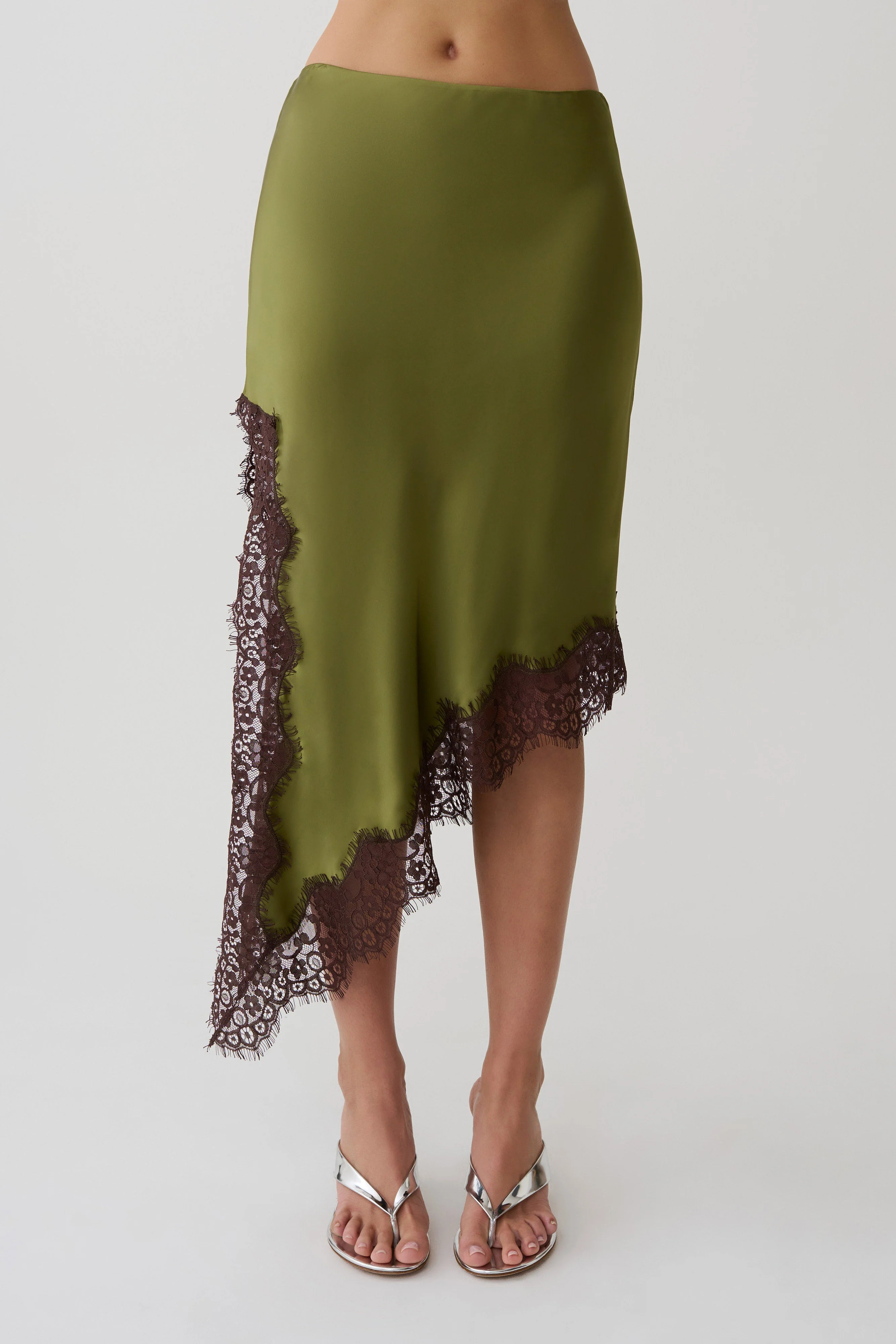 Amber Satin And Lace Midi Skirt - Olive | MESHKI US