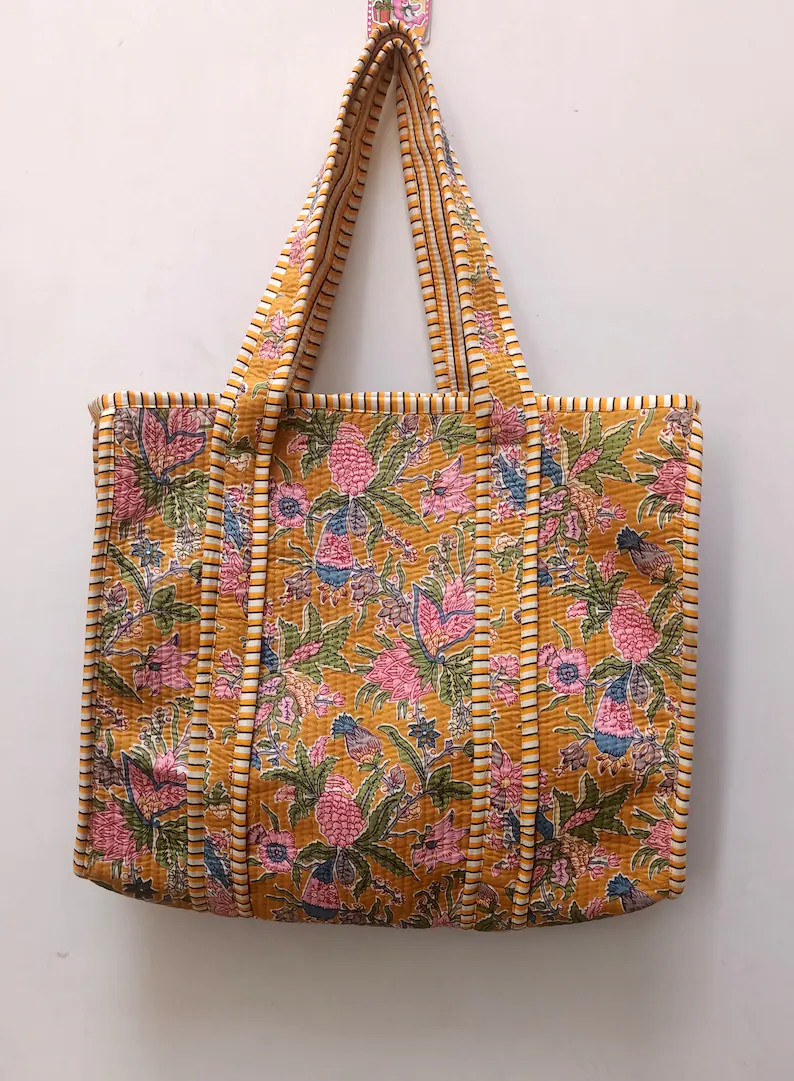 Quilted Cotton Handprinted Reversible Large Multicolor Floral Tote Bag Eco Friendly Sustainable S... | Etsy (US)