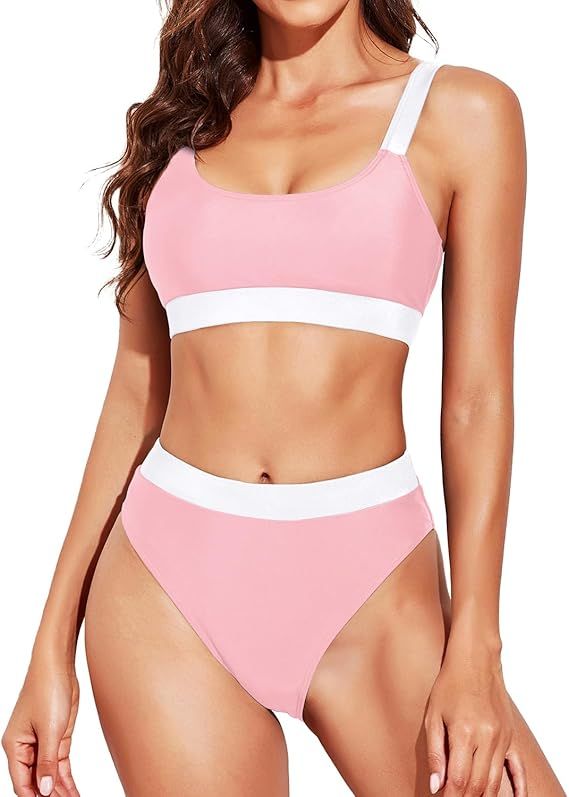 Tempt Me Women Two Piece High Waisted Bikini Swimsuits with Bottoms Teen Scoop Neck Sport Bathing... | Amazon (US)