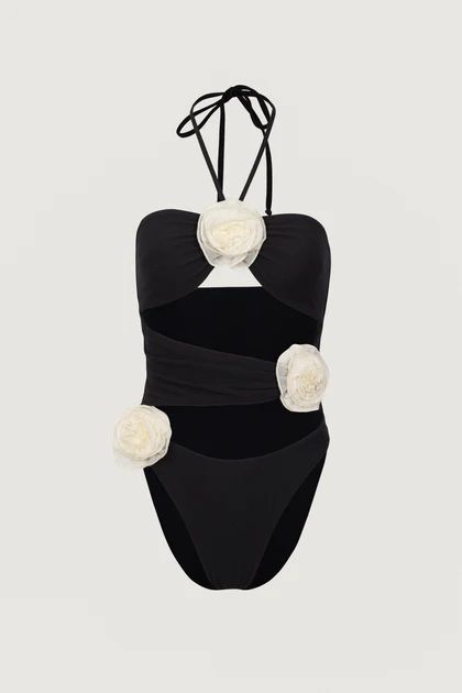 Rose Cut Out One Piece (Faux Suede Black/Cream) | SAME