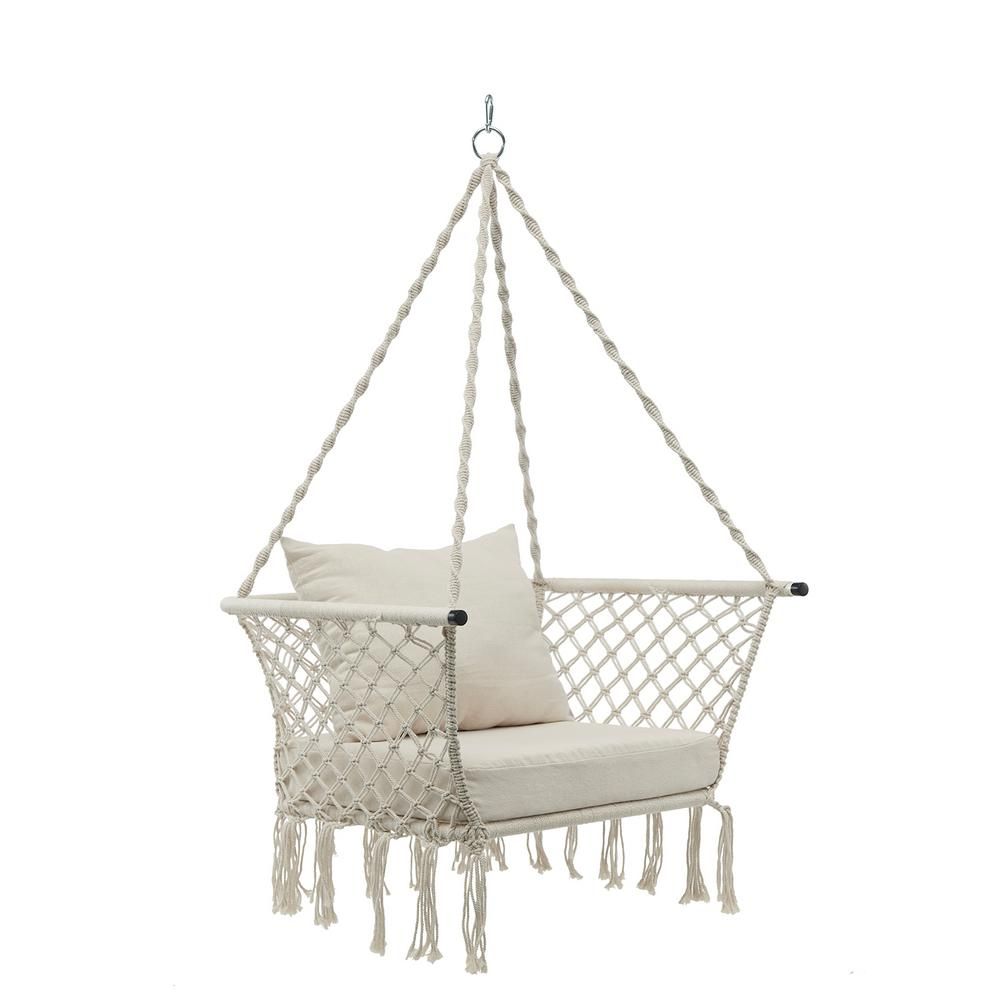 Barton 2.6 ft. L Outdoor Porch Patio Hanging Rope Chair Swing Hammock Seat with Beige Cushion | The Home Depot