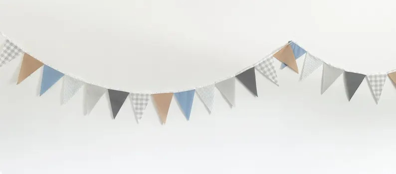 Neutral Gray, Tan and Light Blue Garland Flag Bunting Gingham, Solids, Stripes Fabric Banner, Clo... | Etsy (US)