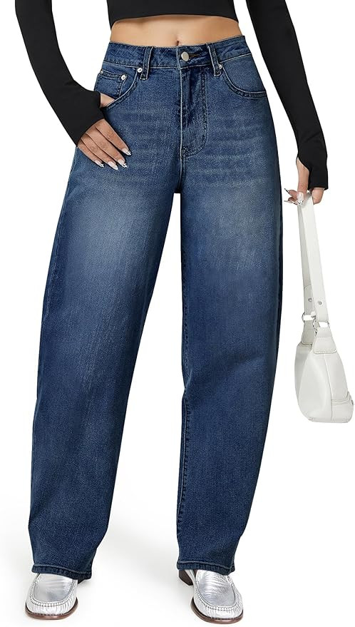 AUWUKA Barrel Jeans for Women, High Waisted Wide Straight Leg Boyfriend Microelastic Womens Mom J... | Amazon (US)
