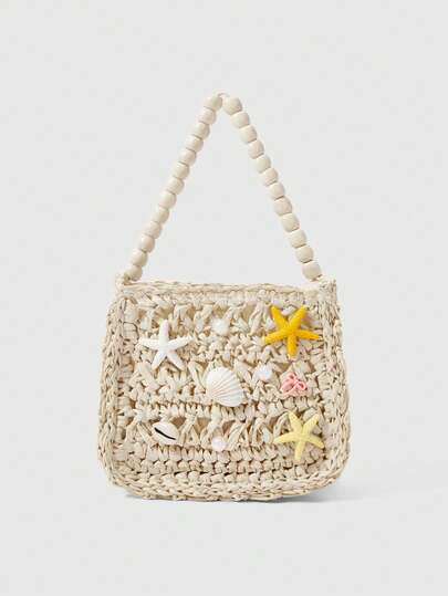 ROMWE Fairycore Women's Cute Yellow Starfish Shell Decorated Straw Handbag, With Beaded Handles, ... | SHEIN