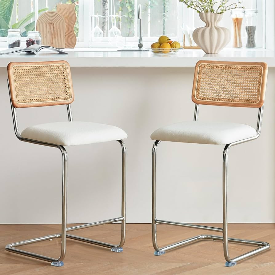 Natural Rattan Counter Height Stools Set of 2 with Solid Wood Back, 24 Inch Mid Century Modern Ce... | Amazon (US)