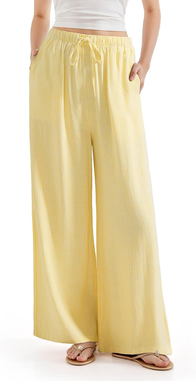 SUUKSESS Women Wide Leg Linen Pants with Pocket High Waisted Lounge Palazzo Pant | Amazon (US)