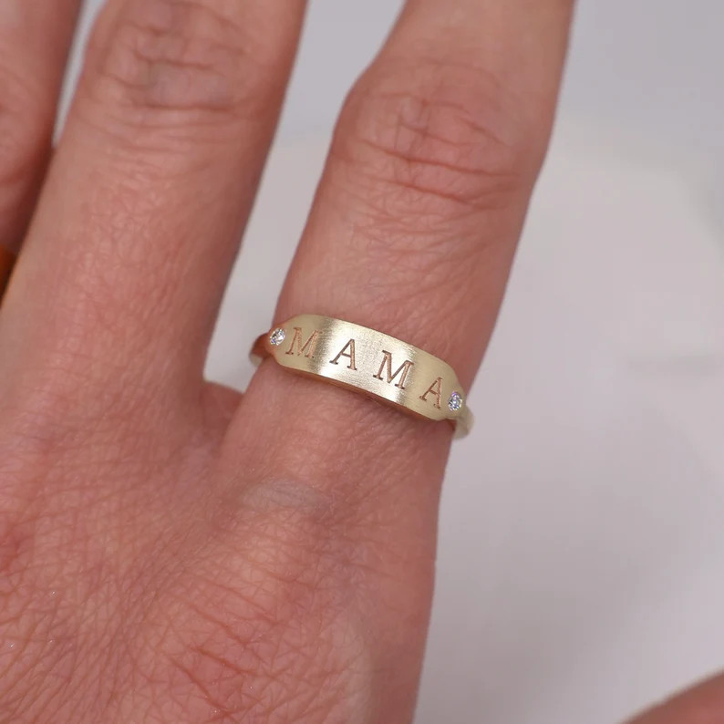 14K Gold and Diamond Rectangle MAMA Signet Ring, 0.03 CTW, Engraving, Personalized, MAMA Signet R... | Etsy (US)