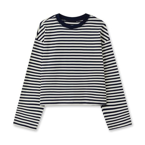 KOSUSANILL Striped Long Sleeve Shirt Women Oversized Baggy Tshirt Crewneck Boxy Cropped Tee Tops Drop Shoulder Y2K Cute Preppy Sweatshirt Vintage Teen Girls Fall Pullover Top (Navy, L) | Amazon (US)