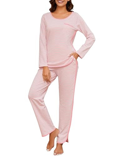 Namatime Womens Cotton Pajama Sets Stripe 2 Piece Lounge Set Long Sleeve Comfy Pj Sets Fall Loungewear Sleepwear with Pockets Ladies Sleep Wear 2025 Pink XL | Amazon (US)