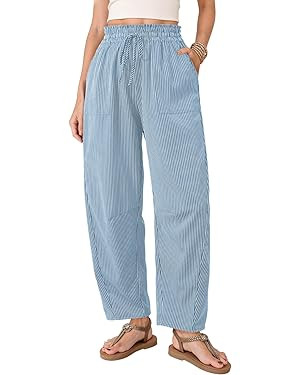 Dokotoo Women's Striped Barrel Casual Pants High Waisted 2026 Elastic Drawstring Trousers | Amazon (US)