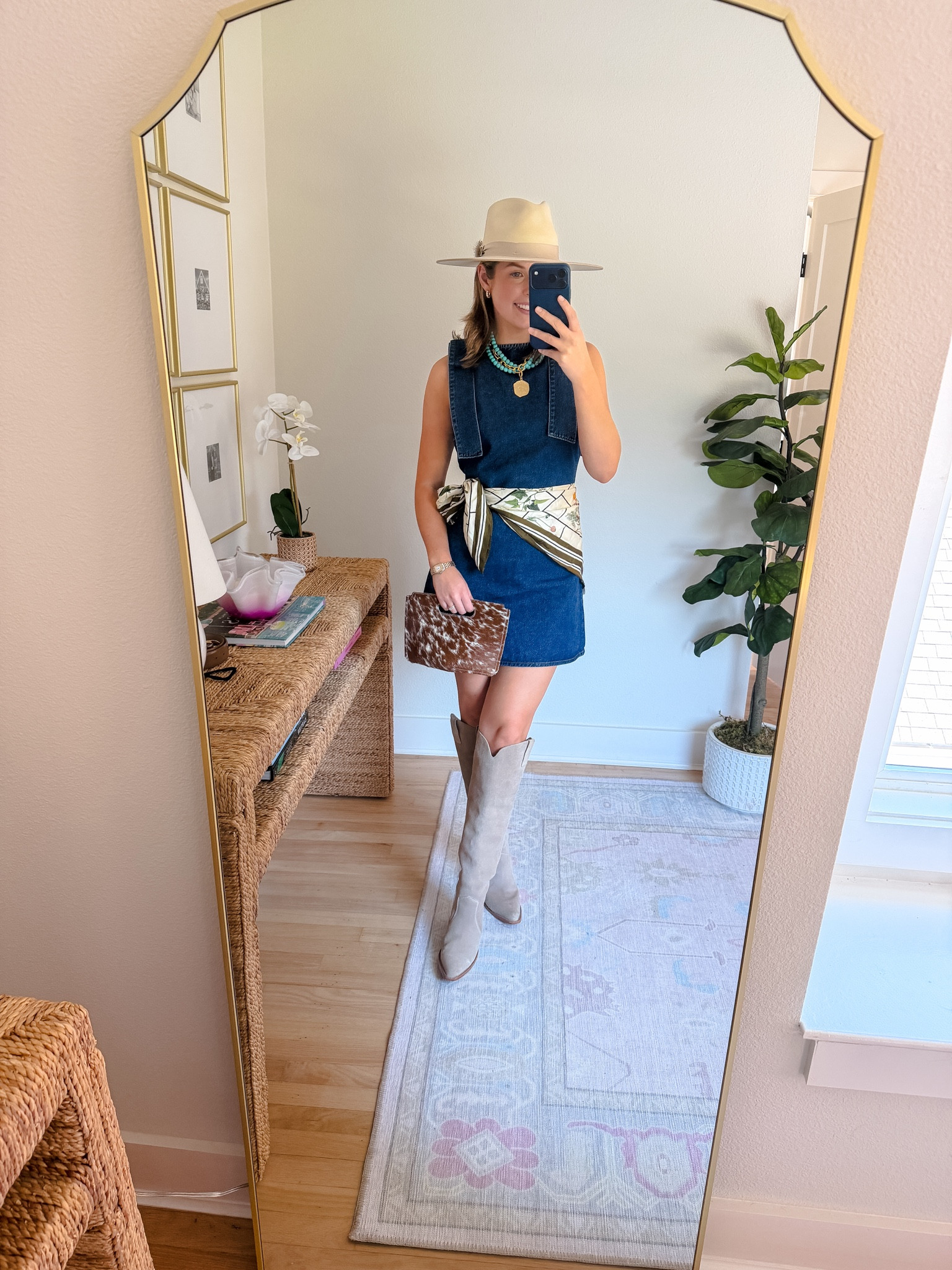 Outfit for round top! Wearing a S in dress! Ended up switching my purse for a bigger one — linked it! Boots are old from Revolve, linked similar!