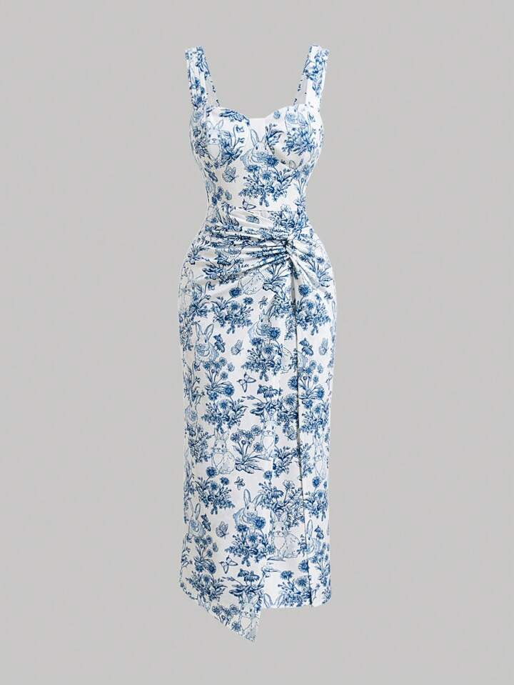 SHEIN MOD Vintage Flower Print Twist Front Design Sleeveless Dress With Wide Straps For Summer,Pa... | SHEIN