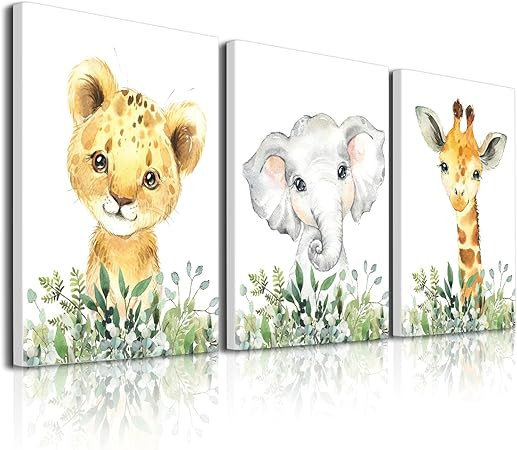 Baby Safari Nursery Wall Decor - Set of 3 Pictures Cute Animal Wall Prints on Canvas Jungle Nurse... | Amazon (US)