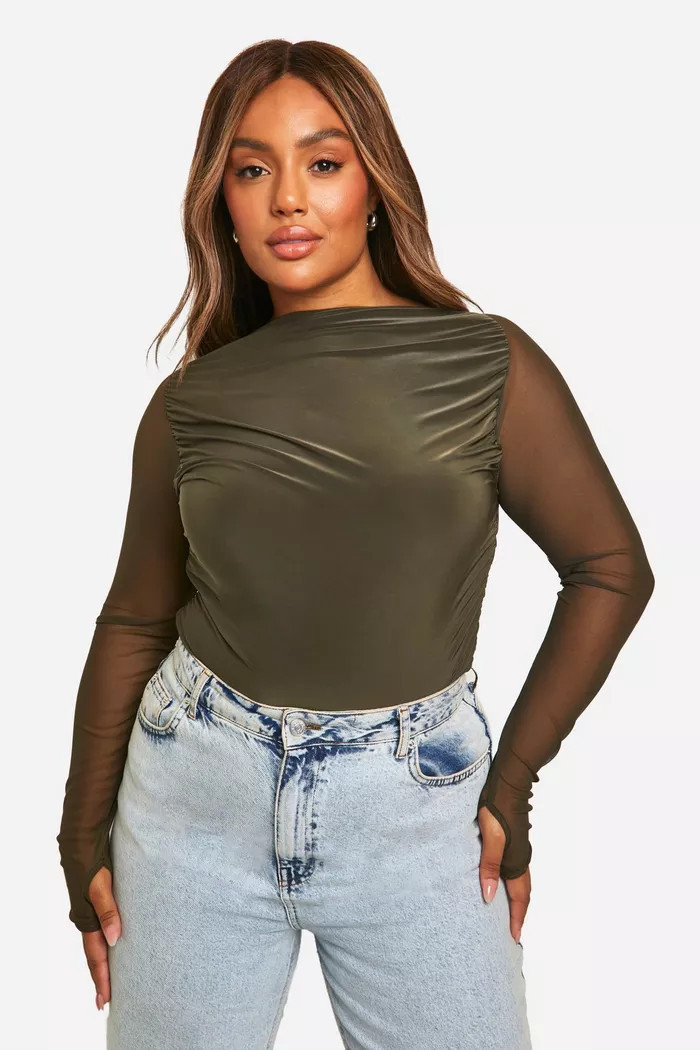 Plus Mesh Boat Neck Ruched Bodysuit | boohoo (US & Canada)