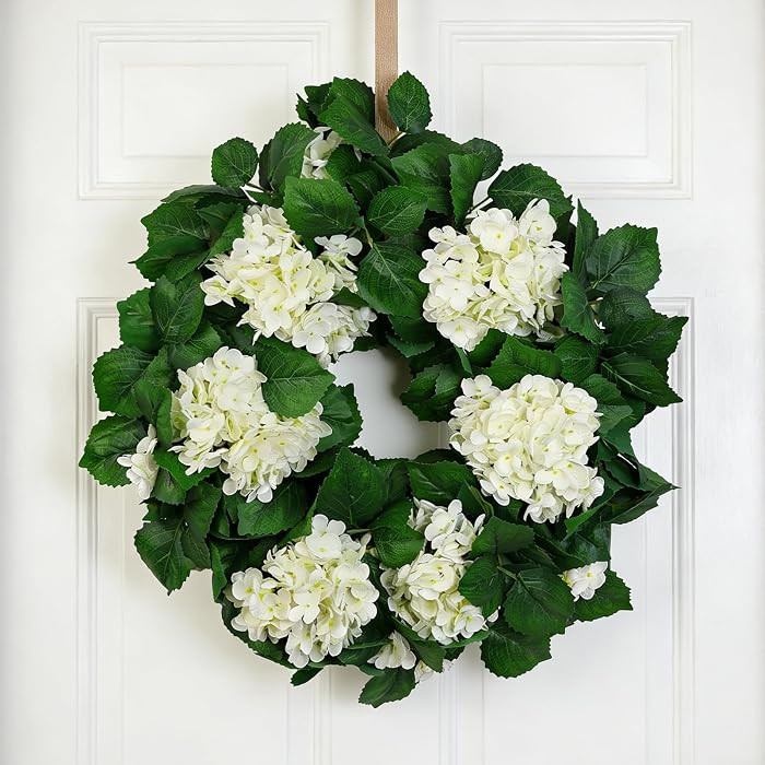 22" White Hydrangea Wreath for Front Door Decor \u2013 All-Season Faux Greenery Wreath for Spring... | Amazon (US)