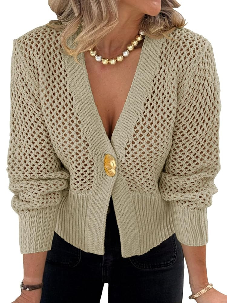 Cicy Bell Womens Cropped Crochet Cardigans Hollow Out Button Down Lantern Sleeve Knit Sweaters Ca... | Amazon (US)