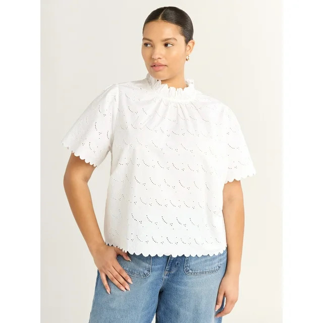 Free Assembly Women's Ruffle Cotton Eyelet Top with Short Sleeves, Sizes XS-4X | Walmart (US)