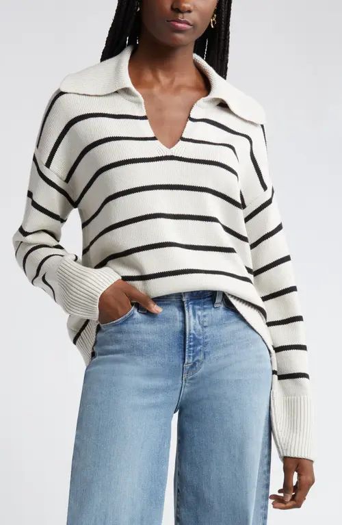 Nordstrom Stripe Cotton & Cashmere Sweater in Sand-Black Stripe at Nordstrom, Size Xx-Small | Nordstrom