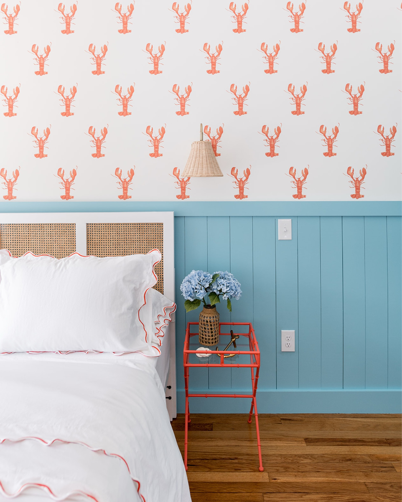 this fun @sarafitz lobster wallpaper was the perfect choice for one of the guest rooms at the #mixusedmini! vaulting the ceiling made such a dramatic difference and gave the space a bright, airy feeling. bold blue trim paint adds a pop of color, while natural rattan and cane accents provide texture. #dwelloctoberstay #dwelloctober

#LTKHome #LTKFindsUnder50