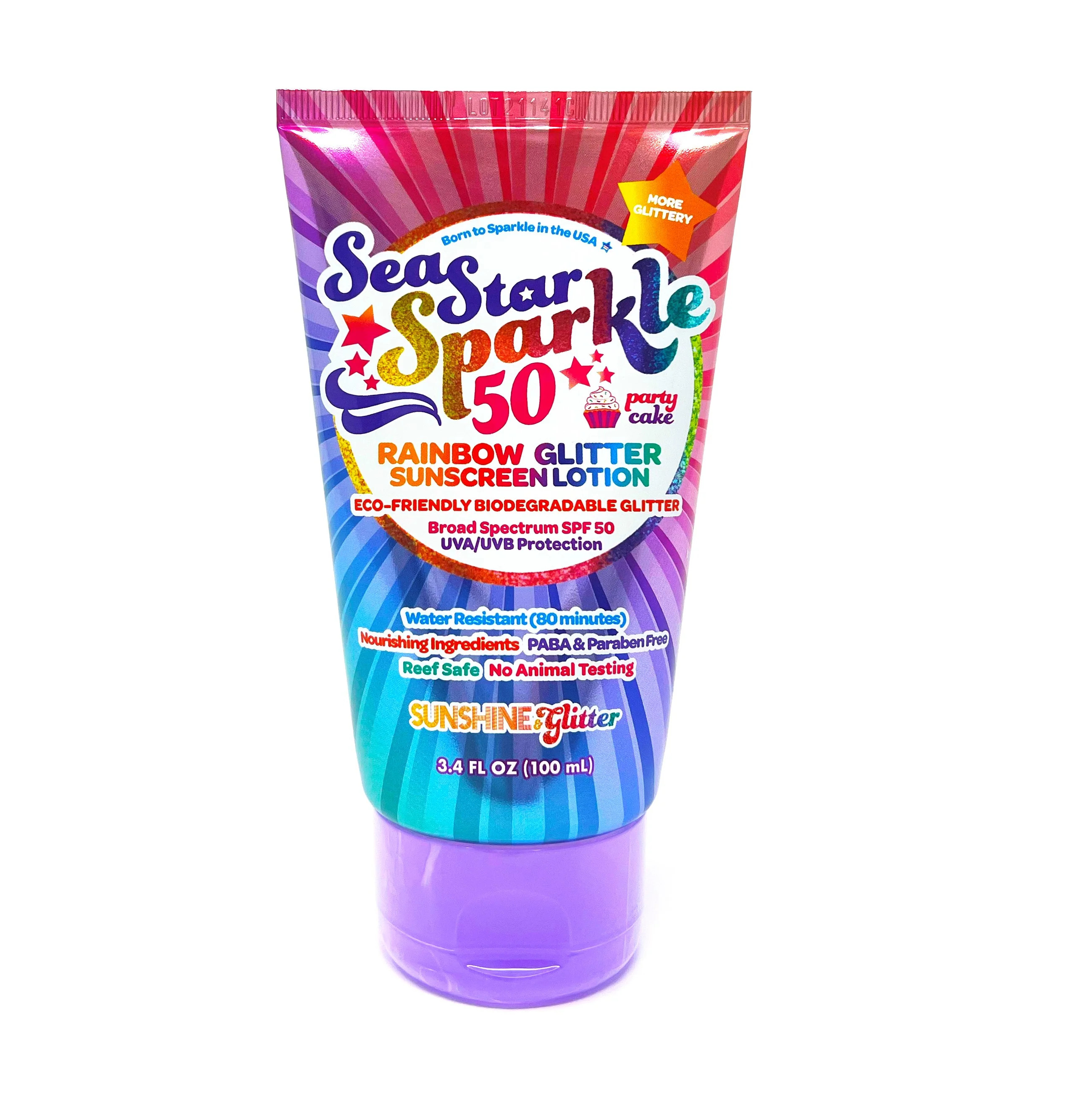 Party Cake | Glitter Sunscreen | Rainbow | SPF50 | 3.4 oz. | Sunshine & Glitter