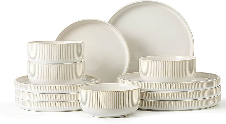 Frewinky Stoneware Dinnerware Sets for 4,12 Piece Kitchen Plates and Bowls Set,Reactive Glaze Por... | Amazon (US)